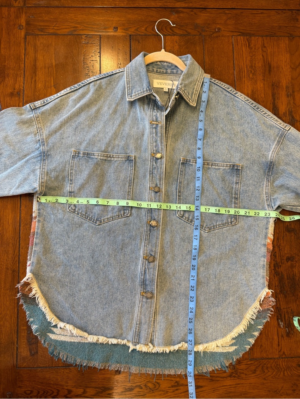 Veveret Southwestern Aztec Denim Shacket Oversized Raw Hem Jacket | Size Small - Picture 8 of 10